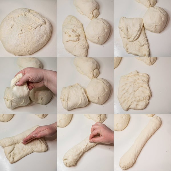 Step by step pictures for stretching and shaping the baguette.