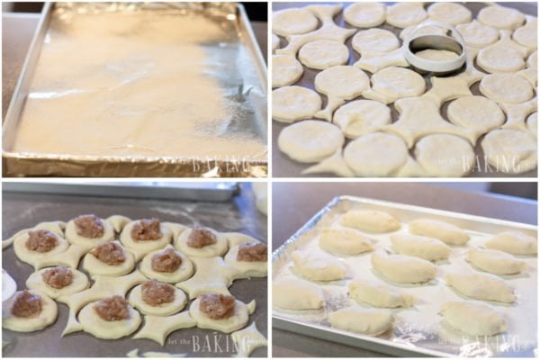 How to form and fill the piroshki and place in a flour sprinkled baking sheet.