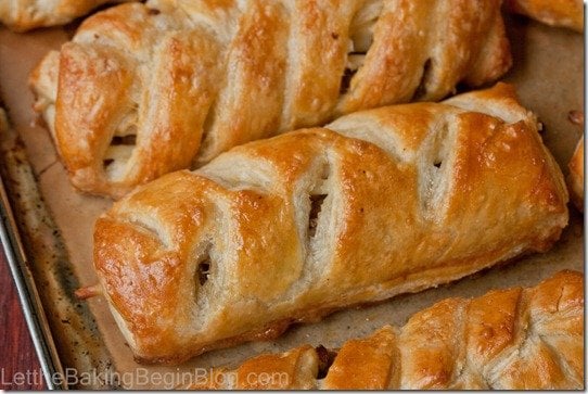 Close up shot of braided meat hand pies.