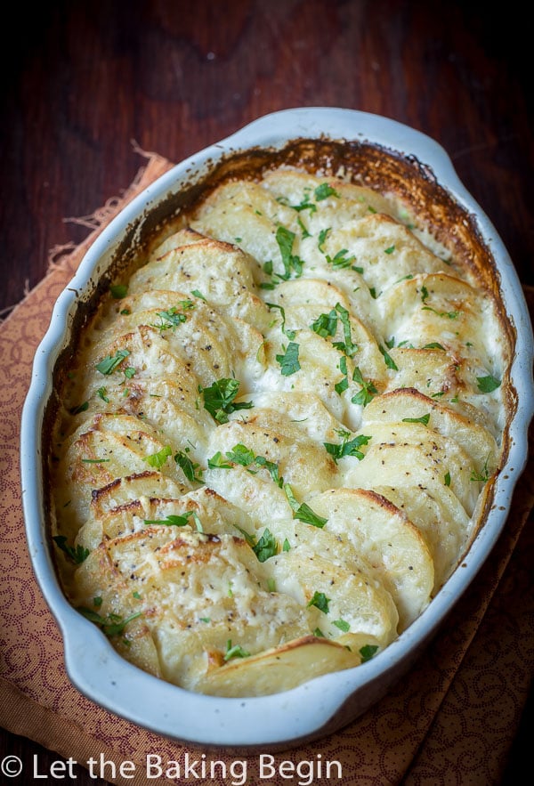 Potato gratin in a white bowl topped with fresh greens.