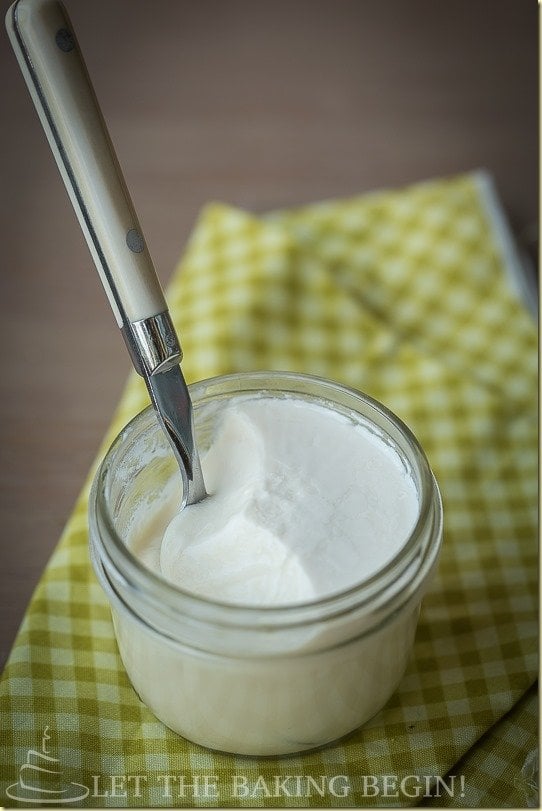 Homemade yogurt with spoon dipped in the mason jar under a green checkered napkin.