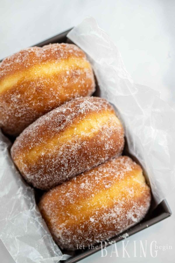 Fried sugar donuts in a container.