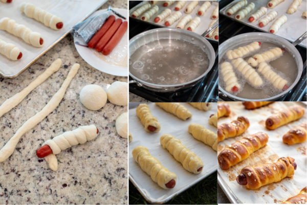 Step by step pictures on how to make and wrap a pretzel dog.