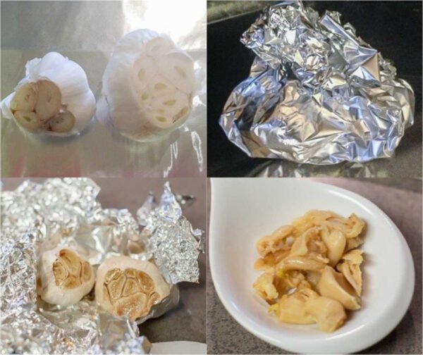 Step by step collage on how to roast garlic for homemade pizza. 