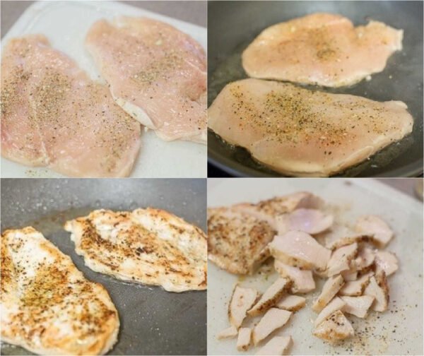 Collage on how to prepare and sauté the chicken breast for homemade pizza.