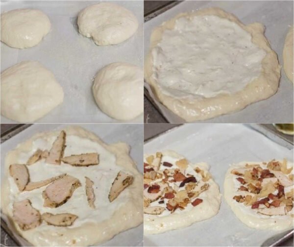 Step by step collage on how to make homemade Mediterranean pizza from scratch. 