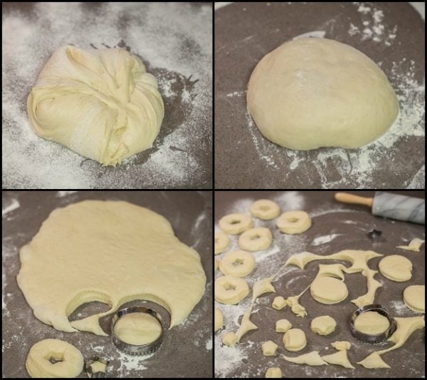 Step by step pictures on how to form the doughnuts with cookie cutters. 
