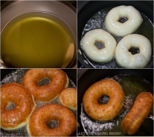 Step by step on how to fry homemade doughnuts. 