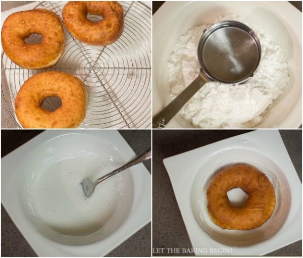 Step by step pictures in how to prepare the sugar glaze and how to glaze your doughnuts.