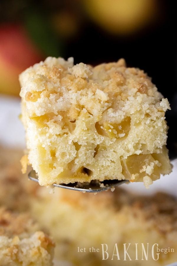 Apple Coffee Cake closeup with chunks of apples visible in the cake and crunchy streusel topping on top.
