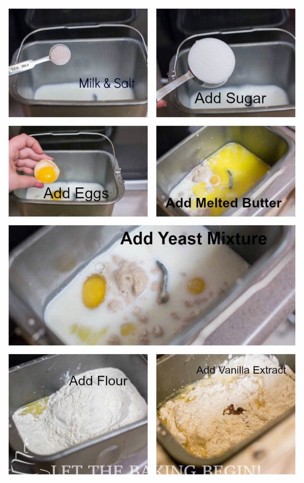 How to add milk, salt, sugar, eggs, melted butter, yeast mixture, flour and vanilla extract.