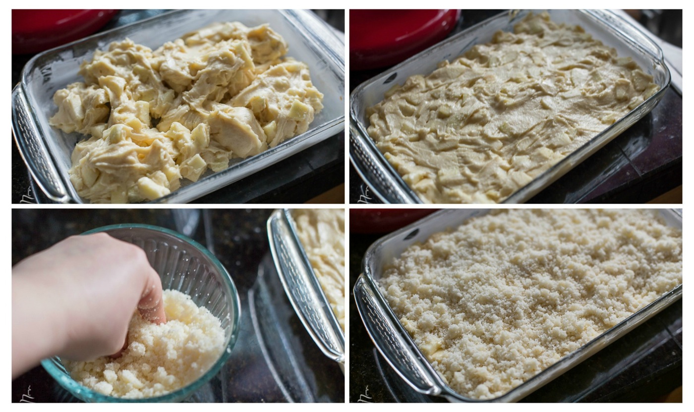  How to evenly spread apple cake batter on the prepared baking dish and sprinkle streusel topping on top. 