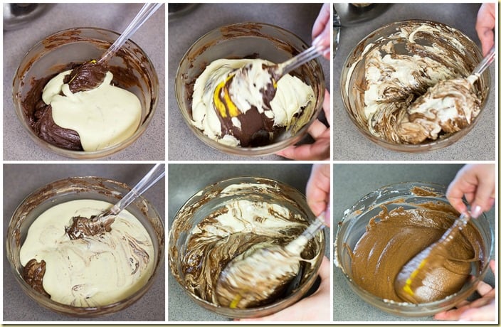 Adding in the egg yolk mixture to the chocolate mixture for the chocolate cake batter. 