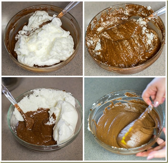Combining the mixtures to make the flourless fudgy chocolate cake. 