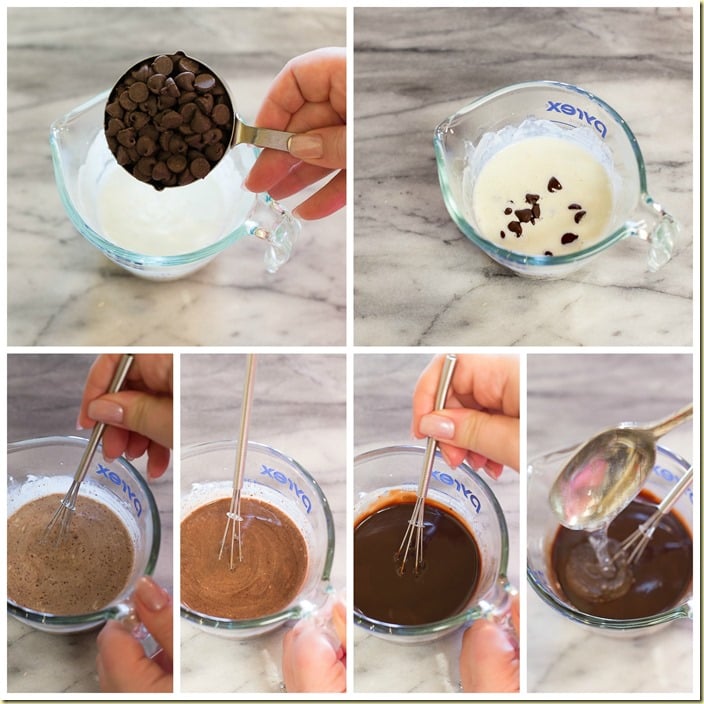How to make extra shiny chocolate ganache with heavy whipping cream and chocolate chip morsels.