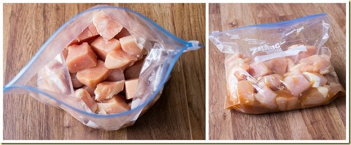 How to place cut chicken in a bag and pour marinade over chicken.