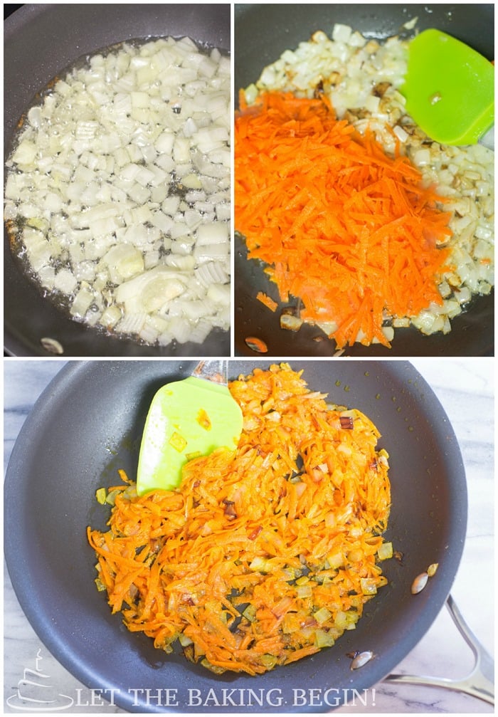 How to saute onions and carrots in a skillet with a spatula. 