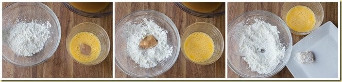 How to dip chicken in egg mixture and cornstarch mixture.