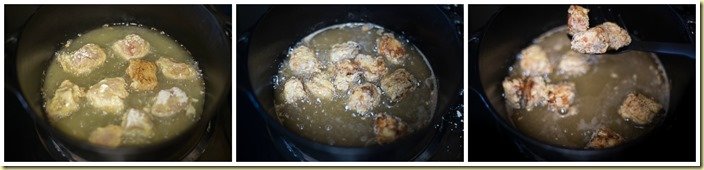How to fry dipped and coated pieces of chicken in batches, turning halfway through to make sure chicken is cooked through. 