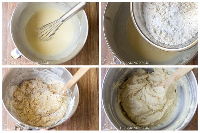 How to add flour, salt, baking soda and mix together by folding everything together.