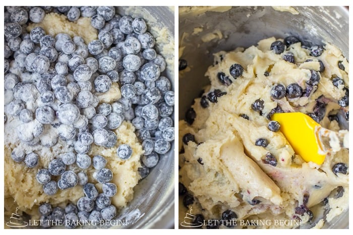 How to add blueberries to batter mixture and fold together.