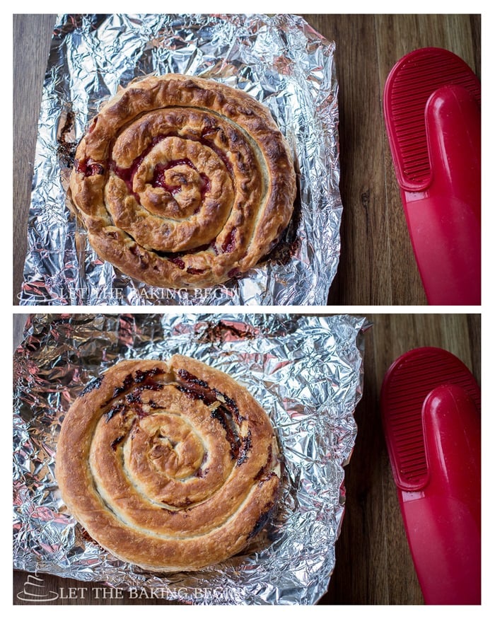 Puff pasty sheets filled with canned cherries baked on a foil sheet. 