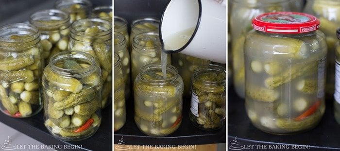 How to fill jars with boiling hot brine and close the jars with lids.