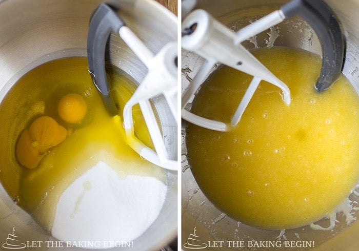 How to combine eggs, sugar, and butter until thoroughly combined.