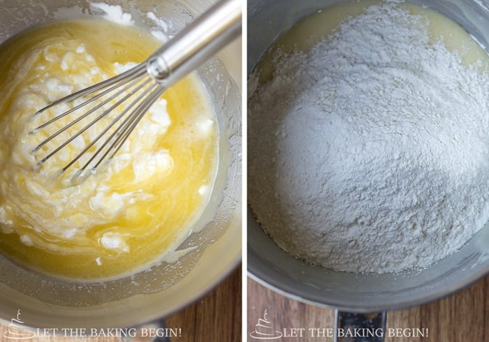 How to combine sour cream into previous mixture and add flour, baking powder, baking soda, salt and stir.