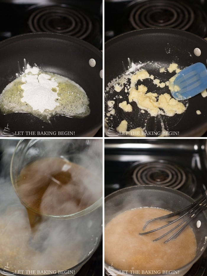 How to melt butter and add flour in a saucepan and then add meat juice.