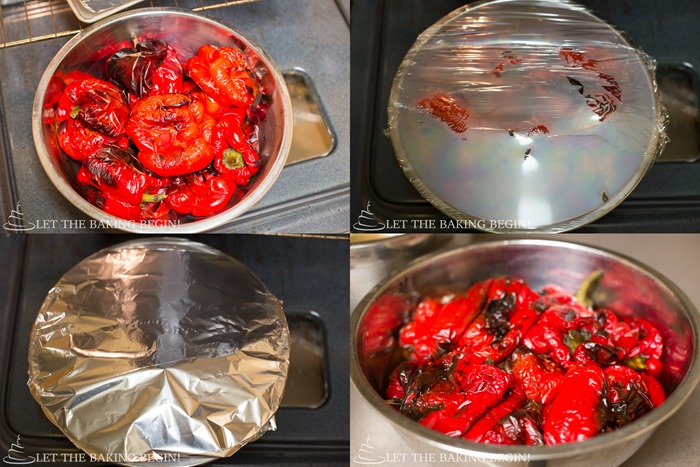 How to remove peppers to a bowl and cover with plastic up to make skin be removed easier.