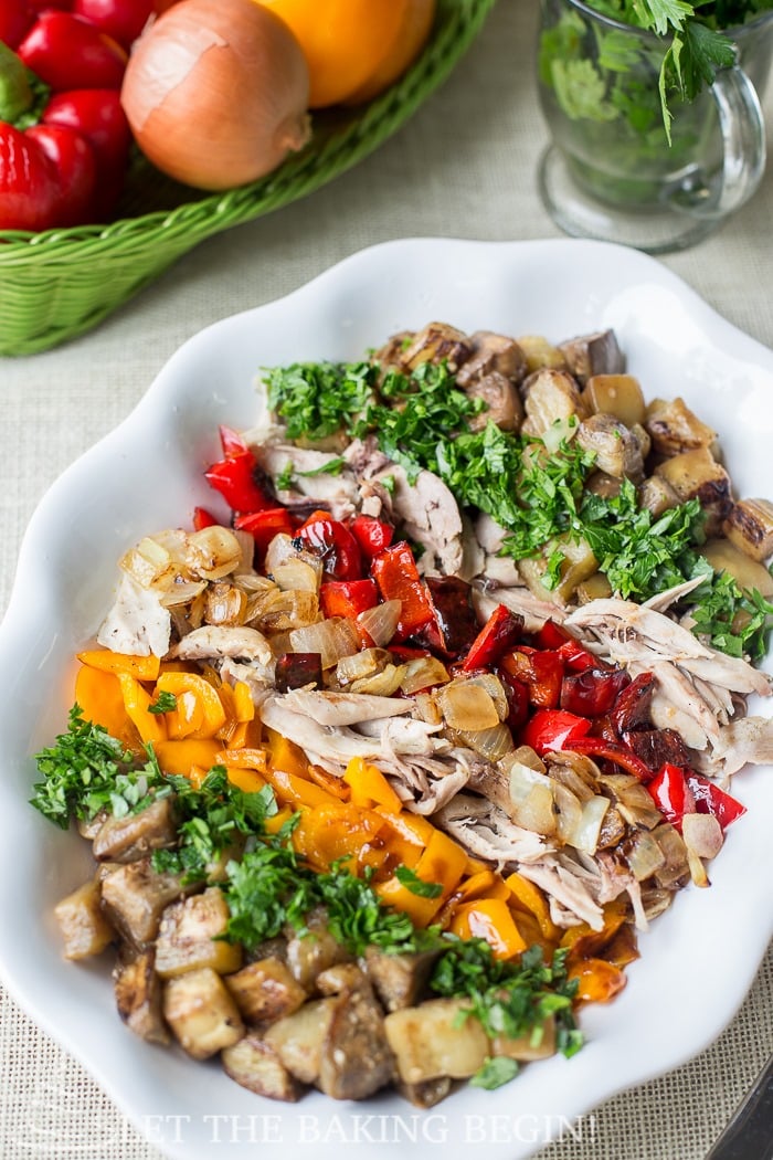 Eggplant Chicken Pepper Salad is a colorful fall salad bursting with flavors of eggplant, pepper and some chicken to make it more filling. The garlic dressing is the perfect thing to bring all of those flavors together. You're going to love this combo!