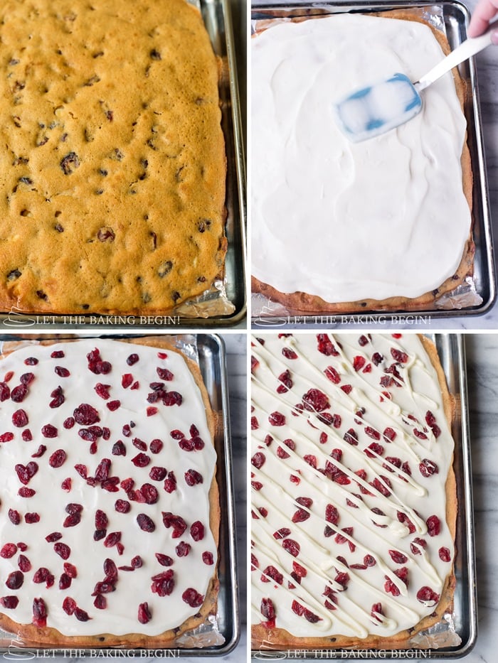 How to make Copycat Starbucks Cranberry Bliss Bars, how to make bar and top with icing, cranberries and white chocolate.