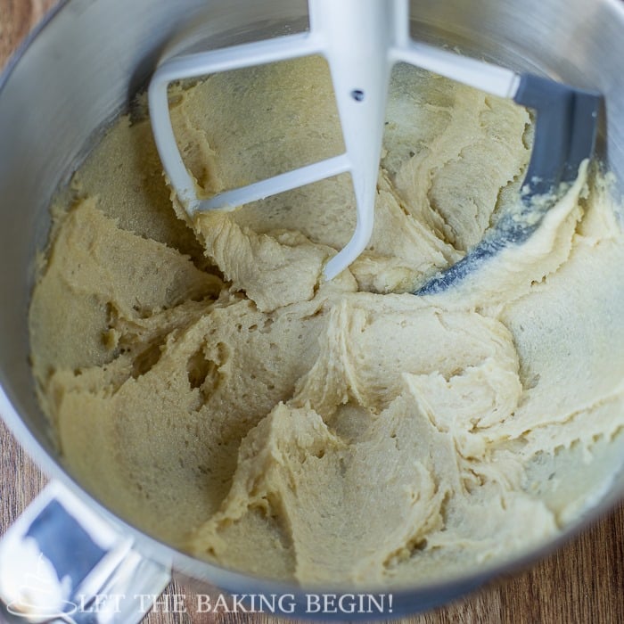 Creamy French almond cream in a Kitchen aid mixer.