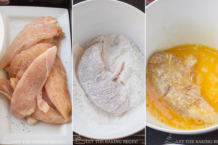 How to prepare chicken by dipping in flour and seasoned eggs.