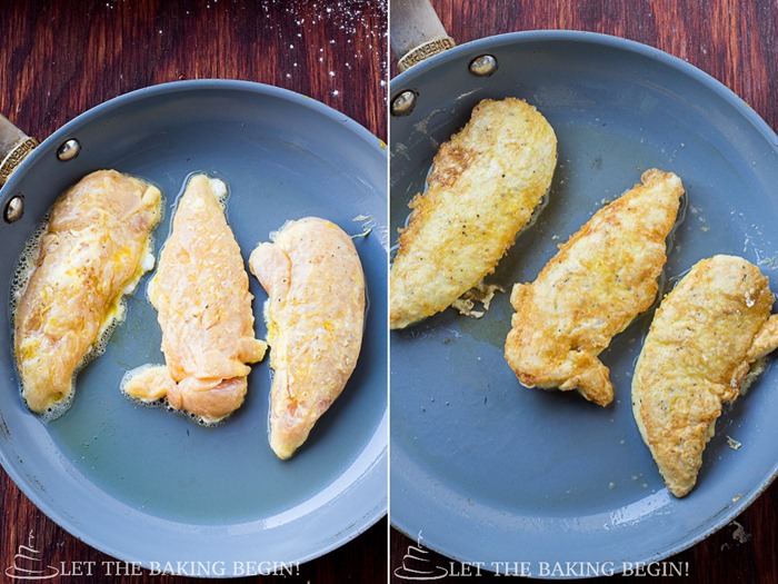 How to fry the prepared chicken on a skillet, cooking the chicken on each side. 