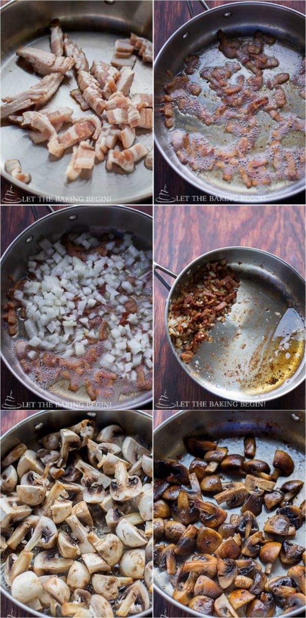 How to saute the bacon and mushrooms for the chicken mushroom potato casserole. 