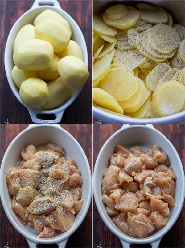 Step by step pictures on how to slice the potatoes, and prepare the chicken for this chicken mushroom casserole. 