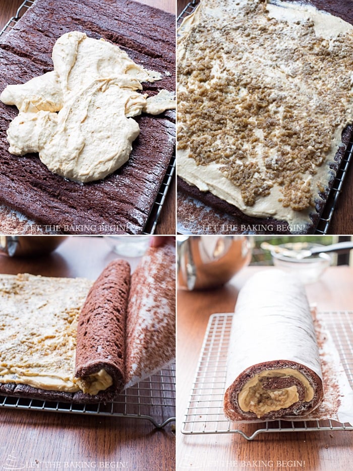How to unroll the cake and spread frosting around into an even layer and then top with walnuts. Finally, roll up cake.