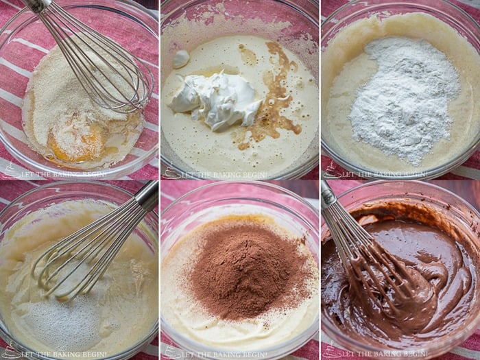 How to add all ingredients to make chocolate cake with a whisk.