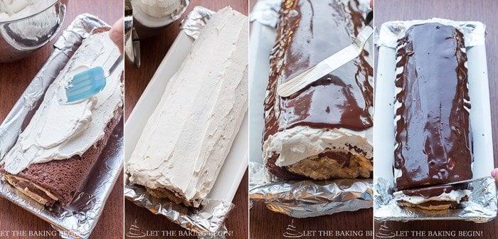 How to place chantilly cream and chocolate ganache on rolled chocolate cake and cut edges.