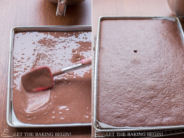 How to spread chocolate batter on a parchment lined baking sheet and smooth it out with a spatula and bake.