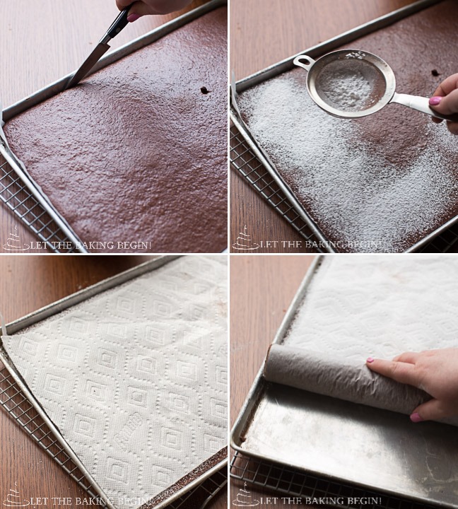 How to sprinkle powdered sugar and roll up with towel paper on top of the cake.
