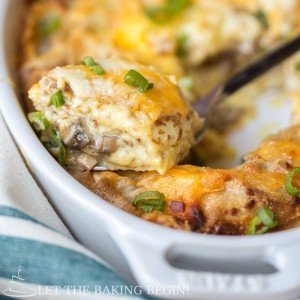 Stuffed Crepe & Egg Breakfast Casserole - cheesy, melty goodness that's perfect as a make-ahead dish to serve for breakfast | LetTheBakingBeginBlog.com | @Letthebakingbgn