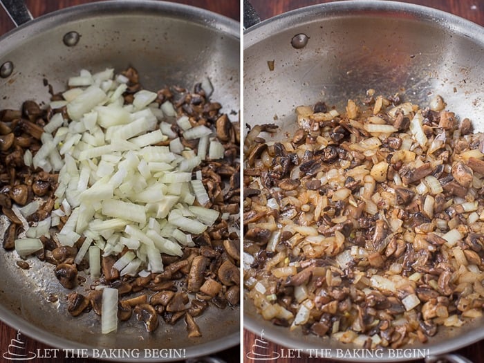 How to add chopped onions to beef and mushrooms and cook.