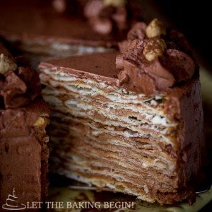 Chocolate Cake Mikado - thin, flaky cake layers that are frosted with Chocolate Custard Buttercream. | by LetTheBakingBeginBlog.com | @Letthebakingbgn
