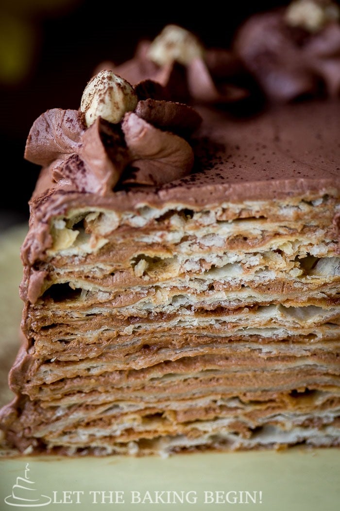 A close-up slice of this delicious Mikado layer cake. 