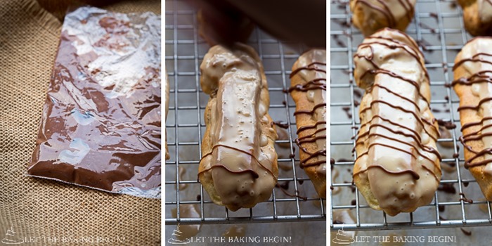 How to top the maple glazed coffee eclairs with the homemade chocolate drizzle.