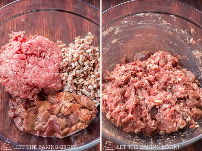 How to mix ground pork, bacon, and chopped liver in a bowl.