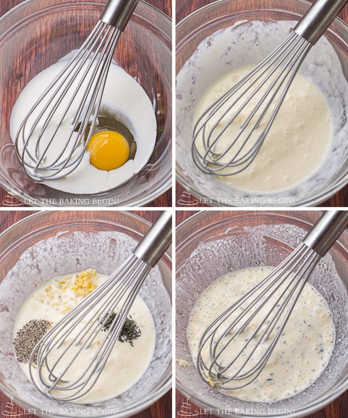 How to whisk together egg, heavy whipping cream, garlic, thyme, ground pepper and salt.